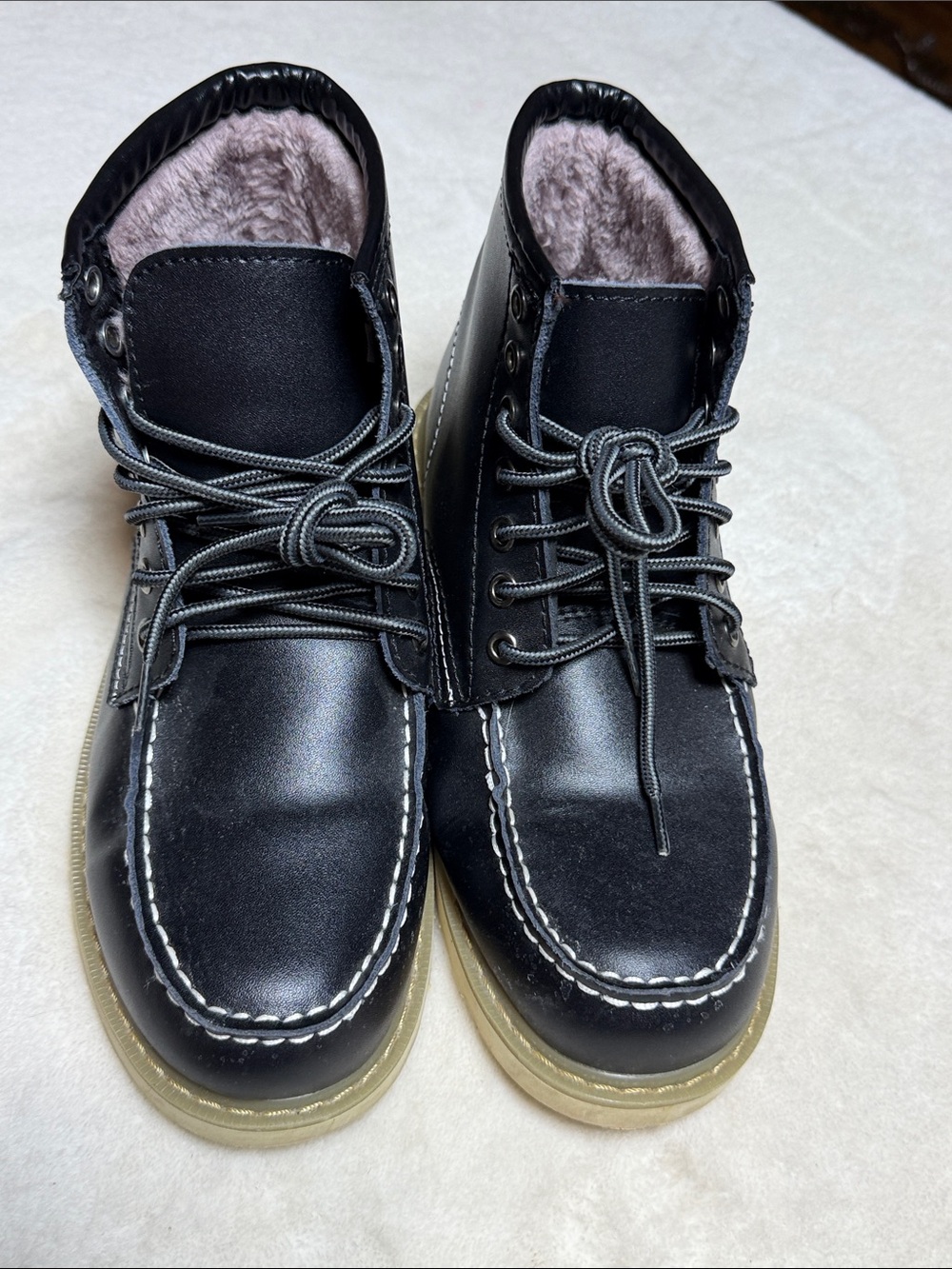 Men's Black Leather Lace-Up Moc Toe Boots with Fleece Lining Size 42